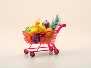 Shopping cart full of fruit, 3d illustration shopping concept.