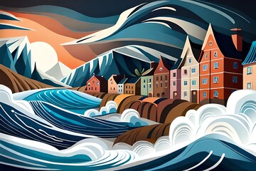 Fototapeta premium Coastal Retreat: A Serene and Scenic Ocean Landscape with Buildings and Waves