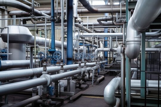 chemical plant, with pipes and valves operating, producing necessary chemical products, created with generative ai
