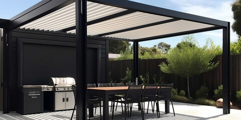 Modern patio furniture include a pergola shade structure, an awning, a patio roof, a dining table, seats, and a metal grill. AI digital illustration