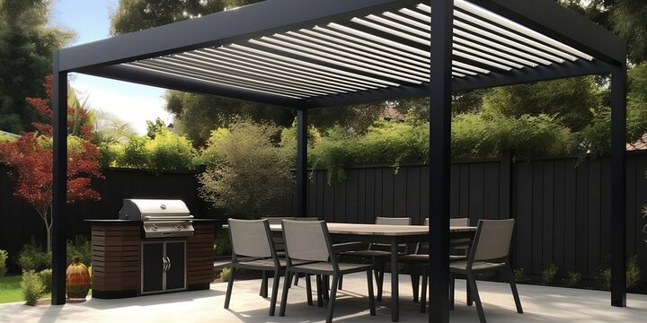 Modern patio furniture include a pergola shade structure, an awning, a patio roof, a dining table, seats, and a metal grill. AI digital illustration.
