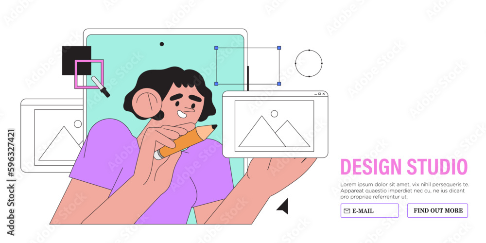 Poster woman working on website or application, ui ux design and programming. design professional doing res