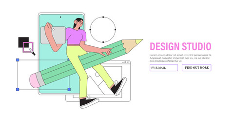 Woman working on website or application, ui ux design and programming. Design professional doing research and prototyping. Web studio or mobile application concept for banner, ads, landing page.