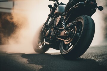A motorcycle performing a burnout by spinning its rear wheel while stationary. Generative AI