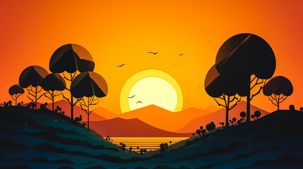 Creative illustration with setting sun, generative AI.