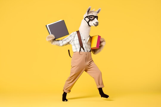 funny llama in glasses holds books on a yellow background, Generative AI