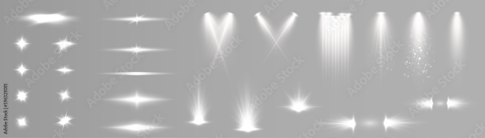 Poster set of white light spotlights, flashes of light on a transparent background. vector glowing light ef