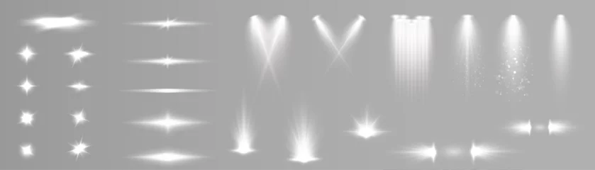 Gordijnen Set of white light spotlights, flashes of light on a transparent background. Vector glowing light effect. © Valeriia