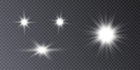 Set of light effects, stars and lasers. Abstract flares isolated on transparent background. Bright highlights. Bright beams of light. Glowing lines. Vector