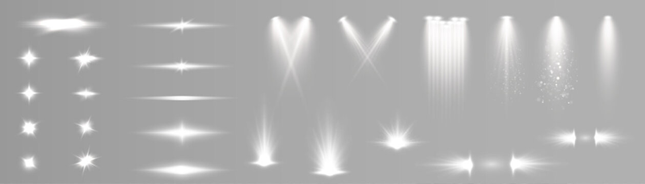 Set of white light spotlights, flashes of light on a transparent background. Vector glowing light effect.