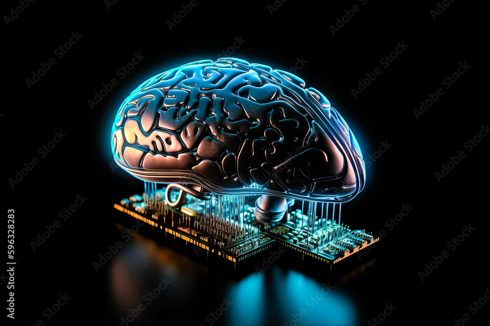 Poster ai chipset with human brain on computer circuit board. artificial intelligence, data mining, and dee