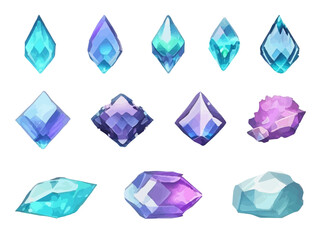 Crystal gems, vector gemstones and jewel icons. Isolated cartoon minerals, crystals and gemstones. Natural opal, emerald and diamond, ruby and topaz, quartz glass - obrazy, fototapety, plakaty