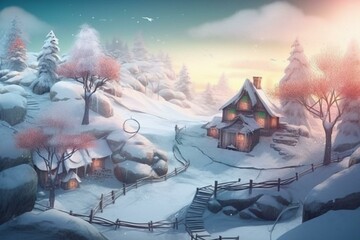 Fototapeta na wymiar Illustrated winter wonderland for children. Fairytale landscape in watercolor. Generative AI