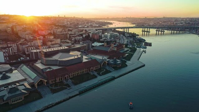 Halic Congress Center, drone shooting with sunrise view. Halic Congress Hall aerial view.