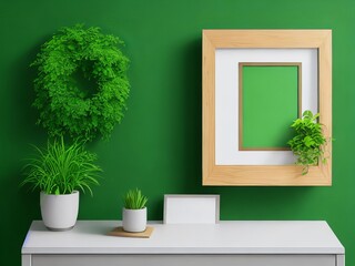 Mockup poster frame with a dark green wall in a minimalist interior. Generative AI.