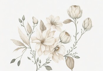 Beige Floral Sketch with Watercolor on White Background. Generative AI.