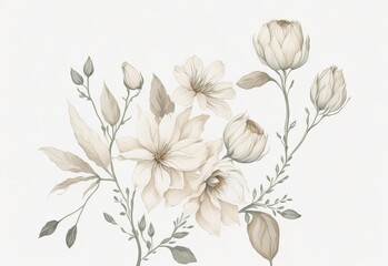 Obraz premium Beige Floral Sketch with Watercolor on White Background. 