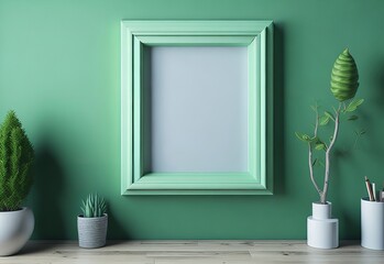 Mockup poster frame with a dark green wall in a minimalist interior. Generative AI.