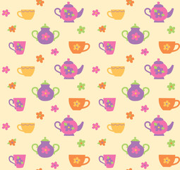 Seamless vector colorful pattern with cute  cartoon cups and teapots.  