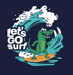 Crocodile surfer cool summer t-shirt print. African animal ride surfboard on wave. Slogan. Dinosaur beach funny child wear illustration. Tropical sea surf sport kids typography fashion