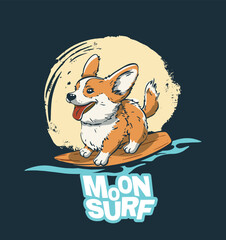 Corgi surfer cool summer t-shirt print. Dog midnight ride surfboard on big wave. Slogan. Beach funny child wear illustration. Pet moon light tropical sea surf sport kids typography fashion