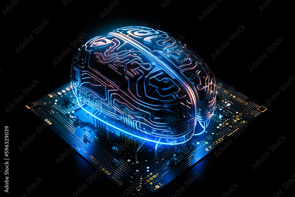 Poster ai chipset with human brain on computer circuit board. artificial intelligence, data mining, and dee