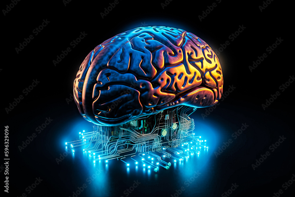 Poster ai chipset with human brain on computer circuit board. artificial intelligence, data mining, and dee
