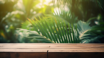 An empty wooden counter table top for product display showcase stage in a summer and palm leaves tropical background. Generative AI