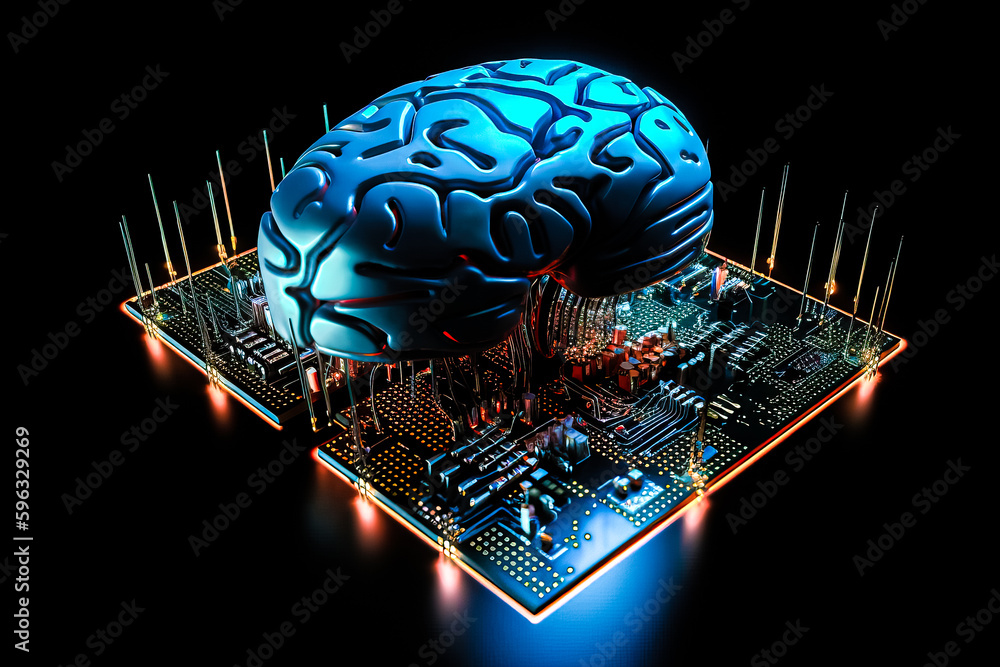 Poster ai chipset with human brain on computer circuit board. artificial intelligence, data mining, and dee