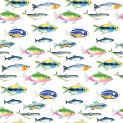 Watercolor seamless fish pattern for clothes, textile, fashion print. - 596329221