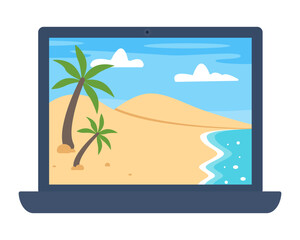 Laptop with summer beach on screen. Vector illustration