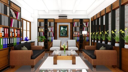 Wooden living room interior with armchairs and sofa with lamp, bookshelves and drawers with decor, minimalist reading room. 3D rendering