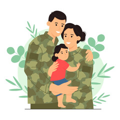 Happy family. Man and a woman hold their child in their arms. Woman and a man in military uniform. A family of military personnel. Vector illustration