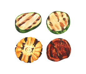 Watercolor falling grilled vegetable slices barbecue, kitchen tools for cooking bbq. Hand-drawn illustration isolated on white background. Perfect for menu cafe, restaurant, kit barbecue