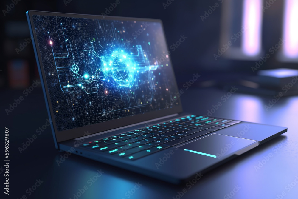 Poster laptop with analytical data and big data technology background, generative ai
