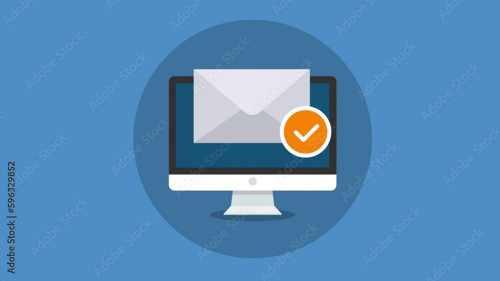 Poster email animation with orange check mark icon.desktop computer pc flat design.pc monitor conceptual an