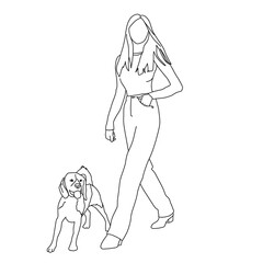Female character with cute dog. Line art illustration. Pets, domestic animals concept for banner, website design or landing page