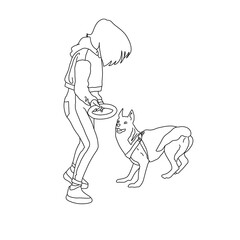 Female character with cute dog. Line art illustration. Pets, domestic animals concept for banner, website design or landing page
