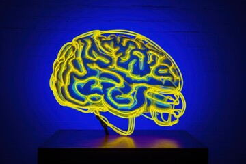 Brain illustration, yellow neon light, blue background, creativity concept. Generative AI