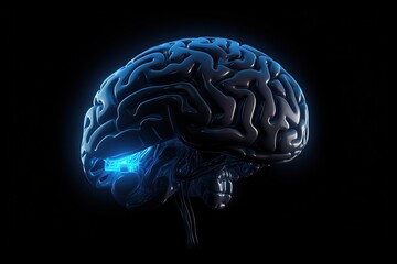 Brain illustration, blue neon light, background, creativity concept. Generative AI
