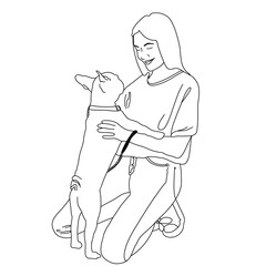 Female character with cute dog. Line art illustration. Pets, domestic animals concept for banner, website design or landing page