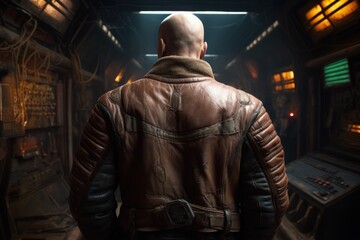 Illustration of bald man in jacket, bounty hunter inside a spaceship, fiction concept. Generative AI