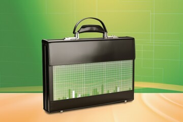 Briefcase illustration with bar chart, business and stock exchange concept, green background. Generative AI