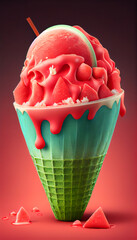 Illustration of watermelon ice cream with watermelon slices in a waffle cone. The concept of natural sweets. A popular summer refreshing treat. Generated by artificial intelligence