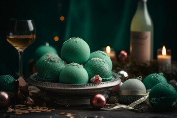 Christmas decoration and bath bombs on green. Generative AI
