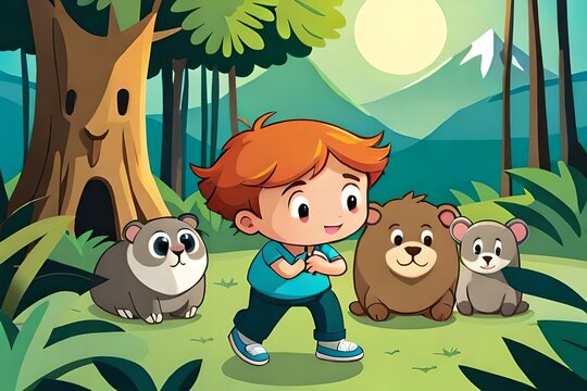 A Cute Kid Character with his friend, cute bear, koala,  Squirrel in the Jungle, Exploring Wildlife, children's animated films, children's story, kid story, 4k, animal wallpaper, pet background, AI