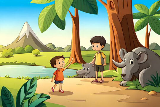 A Cute Kid Character with his friend, cute elephants  in the Jungle, Exploring Wildlife, children's animated films, children's story, kid story, 4k, animal wallpaper, pet background, AI