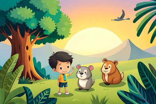 A Cute Kid Character with his cute Squirrel and KOALA in the Jungle, Exploring Wildlife, children's animated films, children's story, kid story, 4k, animal wallpaper, pet background, AI