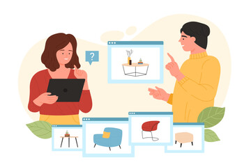 Furniture selection in online shopping vector illustration. Cartoon woman holding tablet to find on screen correct modern item for home interior design, clients choose in digital store exhibition