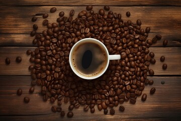 Naklejka premium Illustration of coffee cup and scattered coffee beans, wooden background. Generative AI